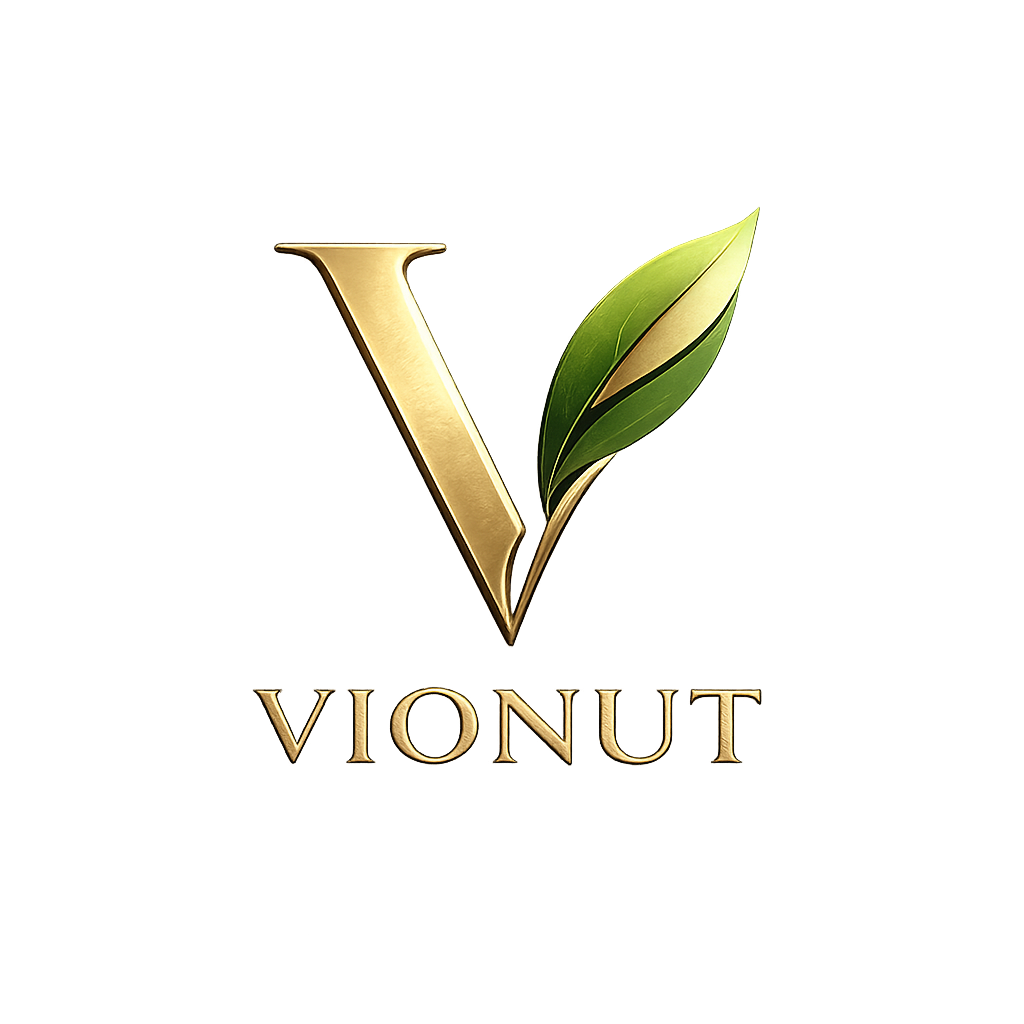 Vionut gold V and green leaf logo